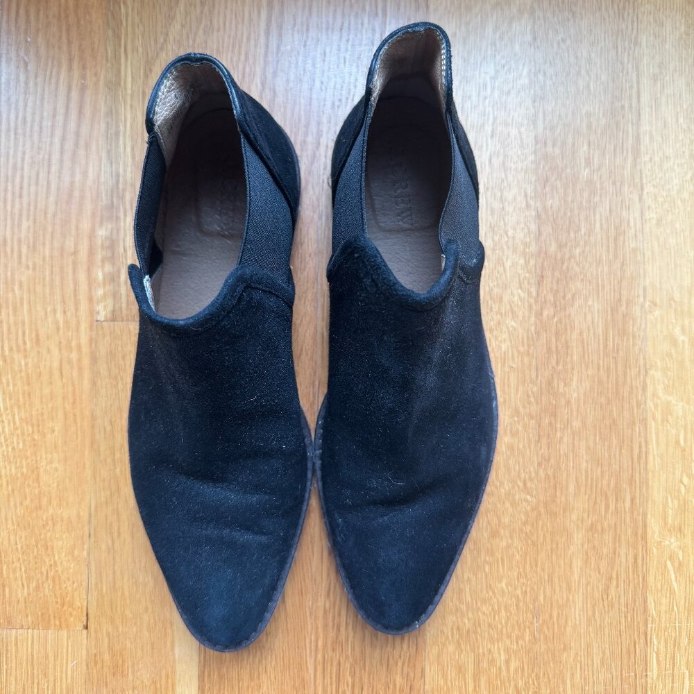 Black suede booties with white soles, J Crew size 7